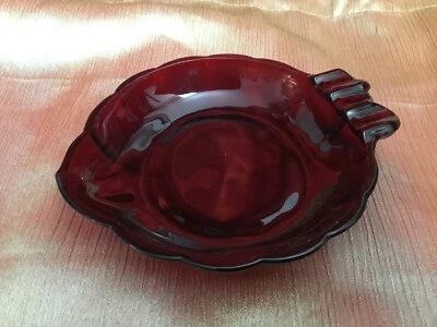 Vintage Anchor Hocking Ruby Red Glass Leaf Shaped Ashtray - Image 1 of 4