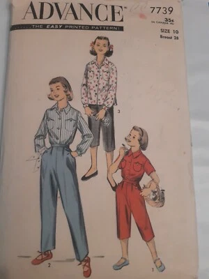 Slacks Push Pedal Pusher Shirt Advance Sewing Pattern 7739 Girls 10 Cut VTG 50's - Image 1 of 4