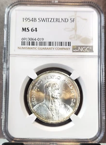 1954 SWITZERLAND SILVER 5 FRANCS HELVETICA HERDSMAN NGC MS 64 SCARCE BU COIN - Picture 1 of 3