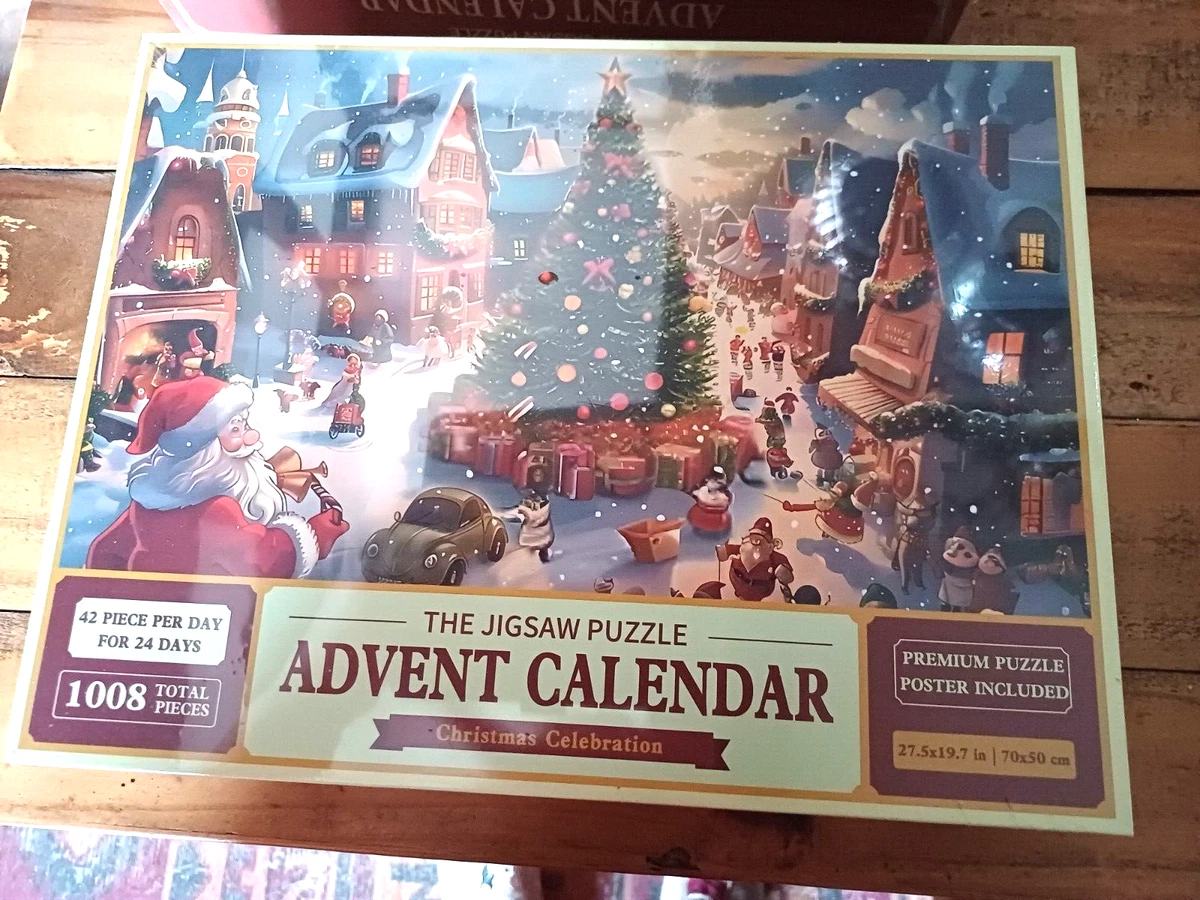 Adventskalender Puzzle 1008 Teile – Weihnachtsmotiv Mit Weihnachtsmann & Hunden, 70 X 50 Cm, Als Countdown