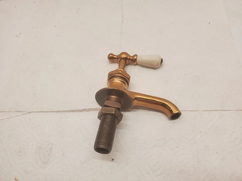 Vintage Sink Faucet Polished Brass Cold Porcelain Handle 4" Long Atlas Cover