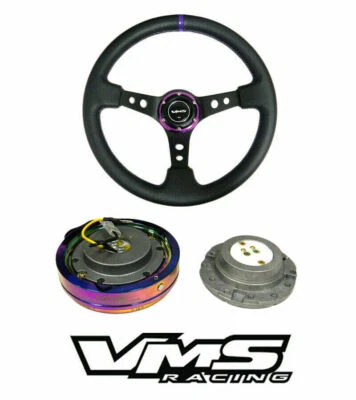 VMS RACING UNIVERSAL VOLANTE MORADO Y NEO CROMO KIT LIBERACIÓN RÁPIDA E Foto 1 de 4