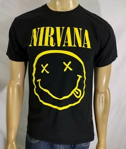T-Shirt nera Nirvana grafica gialla neon nuova adulto medio cotone viso sorridente - Foto 1 di 7