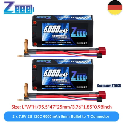 2x Zeee 7.6V 2S 6000mAh Lipo Akku Batterie 5mm Ball to T Stecker Hardcase Lipo - Bild 1 von 4