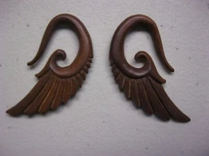 BROWN SANDALWOOD ANGEL WING TRIBAL EARRINGS EAR HOOKS - Picture 1 of 3