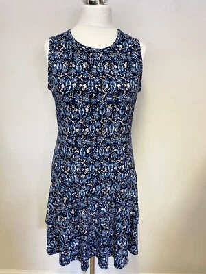 MICHAEL KORS BLUE  PRINT STRETCH JERSEY TIERED SKIRT SLEEVELESS DRESS SIZE L - Image 1 of 4