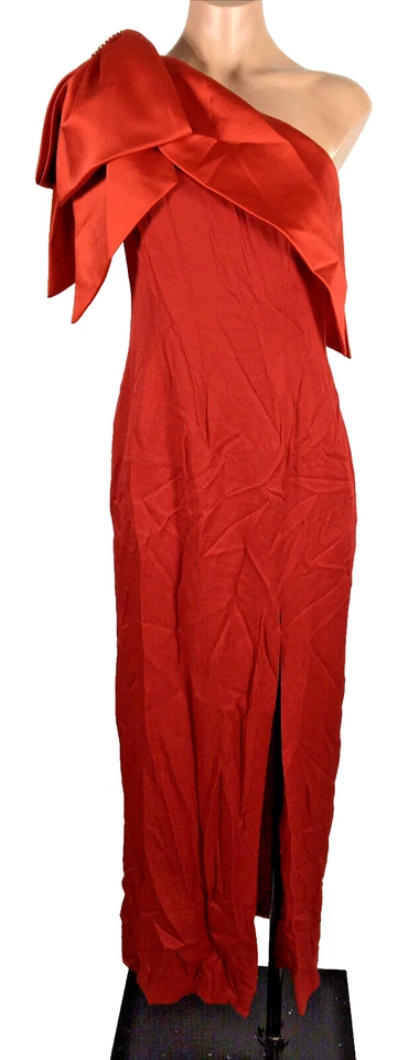 Maxi Vestido Largo Vintage Lillie Rojo Rubí Un Hombro Lazo Ajuste y Acampanado 6 Foto 1 de 4