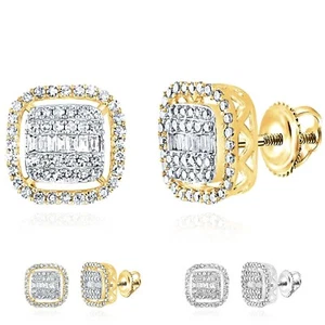 0.60CTW Natural Diamond 10K Gold Yellow White Baguette Square Stud Earrings 10mm - Picture 1 of 15