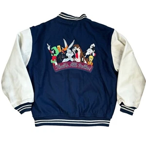 90s Warner Bros Studio Store Kids Wool Leather Varsity Jacket Blue Size XL - Picture 1 of 11