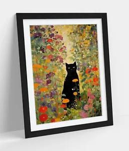 GUSTAV KLIMT BLACK CAT IN WILDFLOWER GARDEN -FRAMED WALL ART POSTER PAPER PRINT - Picture 1 of 10