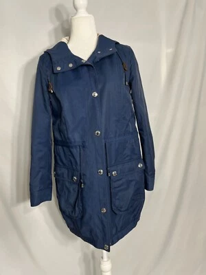 Coach Hooded Mid Length Snap Parka Jacket Sz S Women's Navy Blue Cinch Waist - Image 1 of 4
