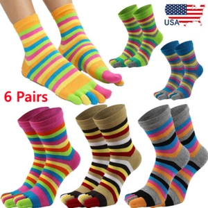 6 Pairs Women Five Finger Toe Rainbow Striped Color Girl Cotton Casual Socks 6-9 - Picture 1 of 9