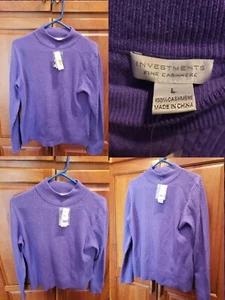NWT Investments Fine 100% Cashmere Purple Cable Knit Turtleneck Sweater Size L - Picture 1 of 6
