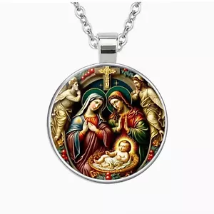 Collana con ciondolo tondo stampa famiglia Gesù retrò, regalo per credenti religiosi - Foto 1 di 3