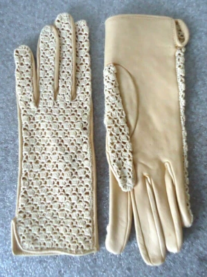 Luvas de couro vintage de crochê bege de renda para crianças tamanho 6,5 - Imagem 1 de 4