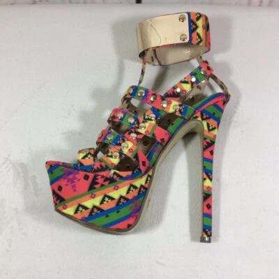 Red Kiss Platform Strappy Stiletto Heels Womens 8 Southwestern Studded Clubwear - Image 1 of 4