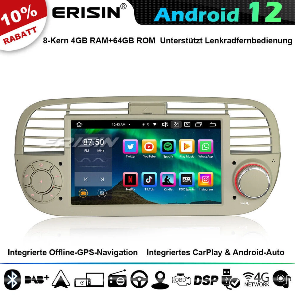 Für Fiat 500 Android 13 4+64GB DAB+ Autoradio GPS CarPlay WiFi BT5.0 OBD RDS SWC - Bild 1 von 4