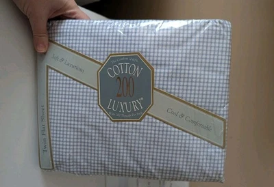 Vintage NOS Springs Industries Cotton 200 Lux TWIN Flat Sheet Gingham Blue USA - Image 1 of 4