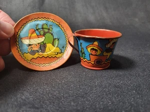 Vintage, Tin Cup and Saucer, Mexican Kids with Sombreros and Bull with Cart - Picture 1 of 16