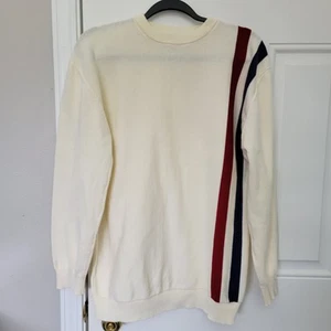 Oxknit Mens Crew Neck Sweater Ivory With Blue And Red Stripe Long Sleeve Size L - Picture 1 of 10