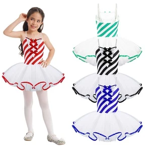 Girls Christmas Ballet Dance Tutu Dress Sleeveless Striped Bow Leotard Costumes - Picture 1 of 42