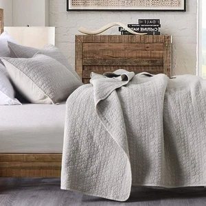 Quilt Set Twin Size Beige, Classic Geometric Spots Stitched Pattern, Stone-Wa... - Picture 1 of 8