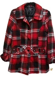 BCX Girl's Wool Blend Plaid Coat Jacket Red Black Size XL Outdoor Holiday - Picture 1 of 13