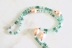 Solid 9ct White Gold Ruby Gemstone Beaded Necklace Green Agate Freshwater Pearl - Picture 1 of 4