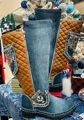 Handmade Denim Knee High Boots With Bling Pocket  - Image 1 of 4