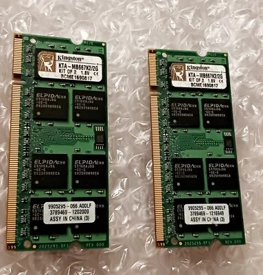 Kingston KTA-MB667K2/2G 2x1GB Kit -  PC2-5300 DDR2 667mHZ Sodimm Laptop Memory - Image 1 of 2