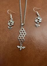 Bee & Honeycomb Necklace & Matching Earrings Set - 20” Chain - Silver In Colour