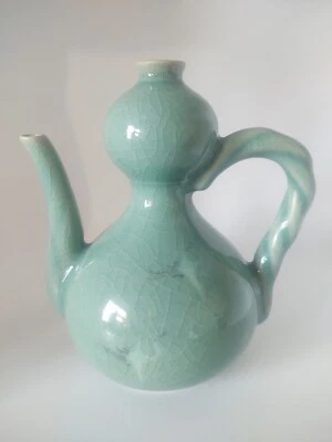 Tetera Coreana Celadon Porcelana Verde Grúa Floral 7.5" X 6.5" Antigua Crazing Foto 1 de 4