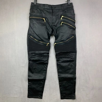 Pantalones de mezclilla Robins para hombre 33x30 negros cremalleras moto ajustados imitación cuero L-flap motociclista Foto 1 de 4