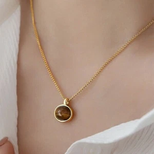 Fashion Woman 14K Gold Plated Tiger Eye Oval Charm Chain Necklace - Picture 1 of 4