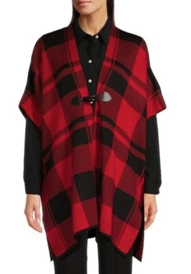 Poncho Tommy Hilfiger Capa Frente Abierto Suéter Cuadros Rojo Negro Talla M Foto 1 de 4