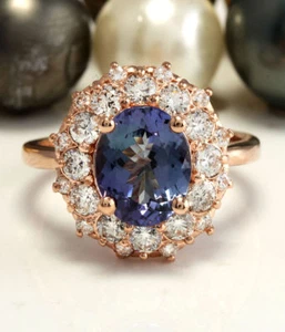 3.60 Carat Natural Tanzanite and Diamonds in 14K Solid Rose Gold Women Ring - Picture 1 of 9