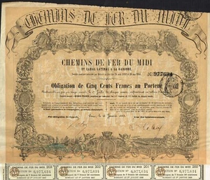 FRANCE MIDI RAILWAY & CANAL TO GARONNE COMPANY stock certificate/bond 1863 - Picture 1 of 1