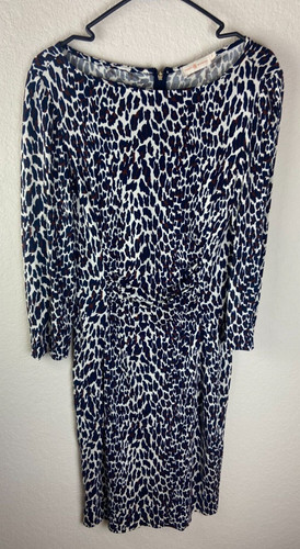 Abito da donna Tory Burch bianco navy taglia small stampa animale leopardata retro arricciato