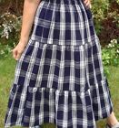 Ladies Skirt full long tiered modest navy blue white plaid cotton L 14 16