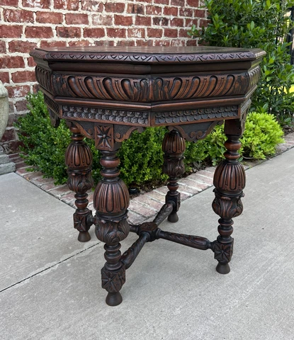 Antique French Table Octagonal Renaissance Revival Carved Oak 19th C Cover
