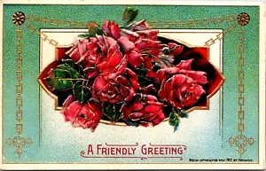 Friendly Greeting Roses framed Chain Links embossed Heyman 1912 Postcard - Picture 1 of 2