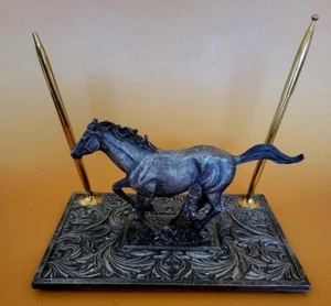 Pen Set w/ Galloping Horse Center Piece & Decorative Metal Base w 2 Pen Holders - Picture 1 of 4
