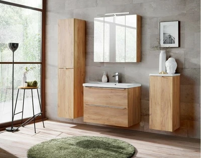 Badmöbel Set CAPRI EICHE GOLD 80 cm mit Waschbecken MONTIERT schneller Versand - Bild 1 von 4