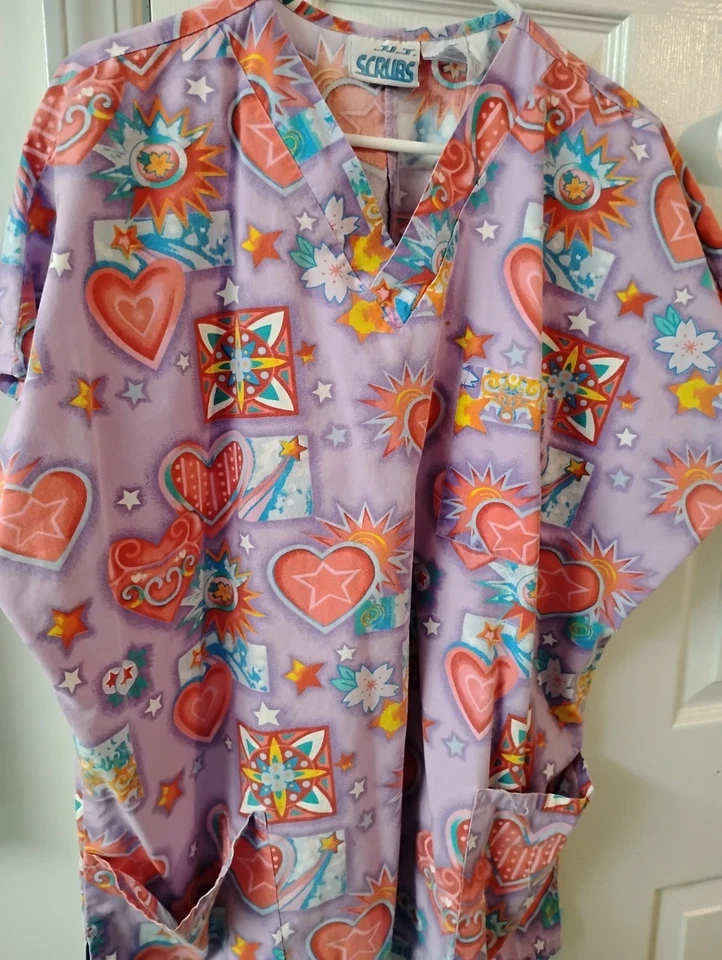 Scrubz 3 Pocket Purple Scrub Top w Hearts Size 1X - Image 1 of 1