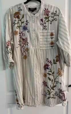 Vestido blusa túnica a rayas bordada floral Johnny Was para mujer talla L Foto 1 de 4