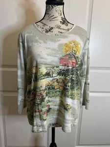 Basic Editions Women's Large Fall Autumn Scene Woman 3/4 Sleeve Embellished Top - Picture 1 of 13