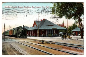 STOCKTON CALIFORNIA SOUTHERN PACIFIC RAILROAD DEPOT 1908 OLD POSTCARD - Picture 1 of 2
