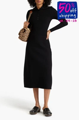 PVP €465 TORY BURCH Vestido Midi Talla XL Negro Acanalado Tejido Manga Larga Cuello Foto 1 de 4