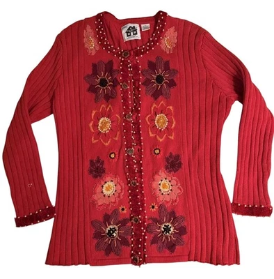 STORYBOOK KNITS Cotton 1X Red Floral Embroidered Cardigan Sweater Pearl Accents - Image 1 of 4