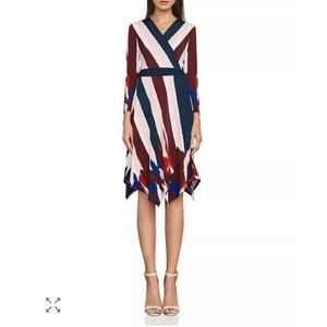BCBG MAXAZRIA Wrap Dress Large Isabella Striped Slinky Blue Office Long Sleeve - Picture 1 of 9